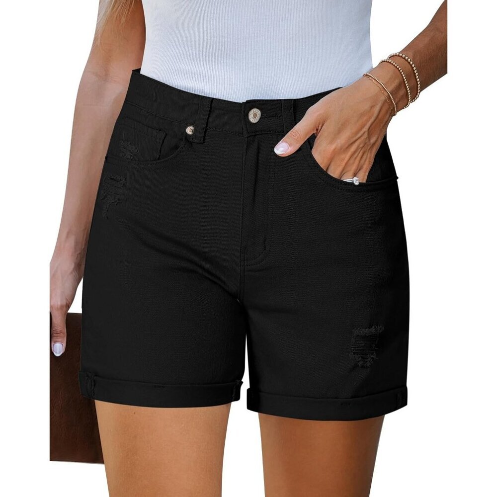 Women's True Black Stretchy High Waisted Ripped Denim Trendy Cut Off Shorts